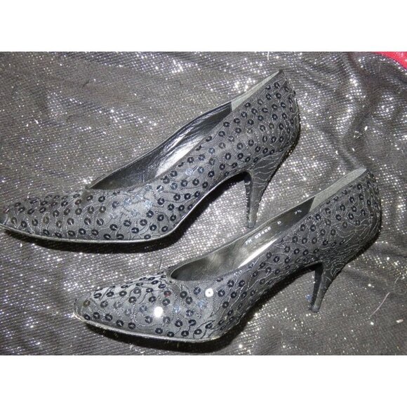 Stuart Weitzman Vintage Italian Leather Black Sequined Pumps size 7.5 - Picture 7 of 12